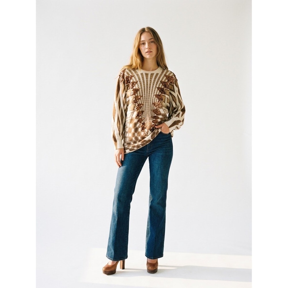 Vivien Forest Vintage 80s Lambswool Angora Sequin Geometric Dolman Sweater M
